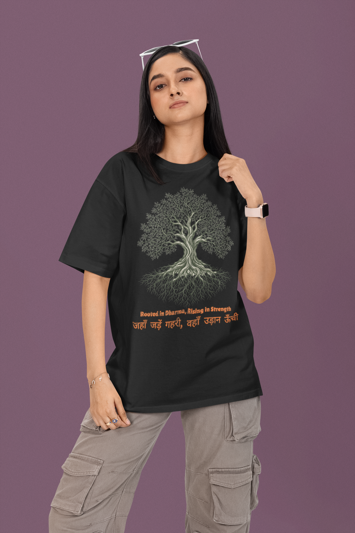 Black Women’s oversized Tree of Life graphic t-shirt with gnarled tree print, 100% cotton streetwear tee
