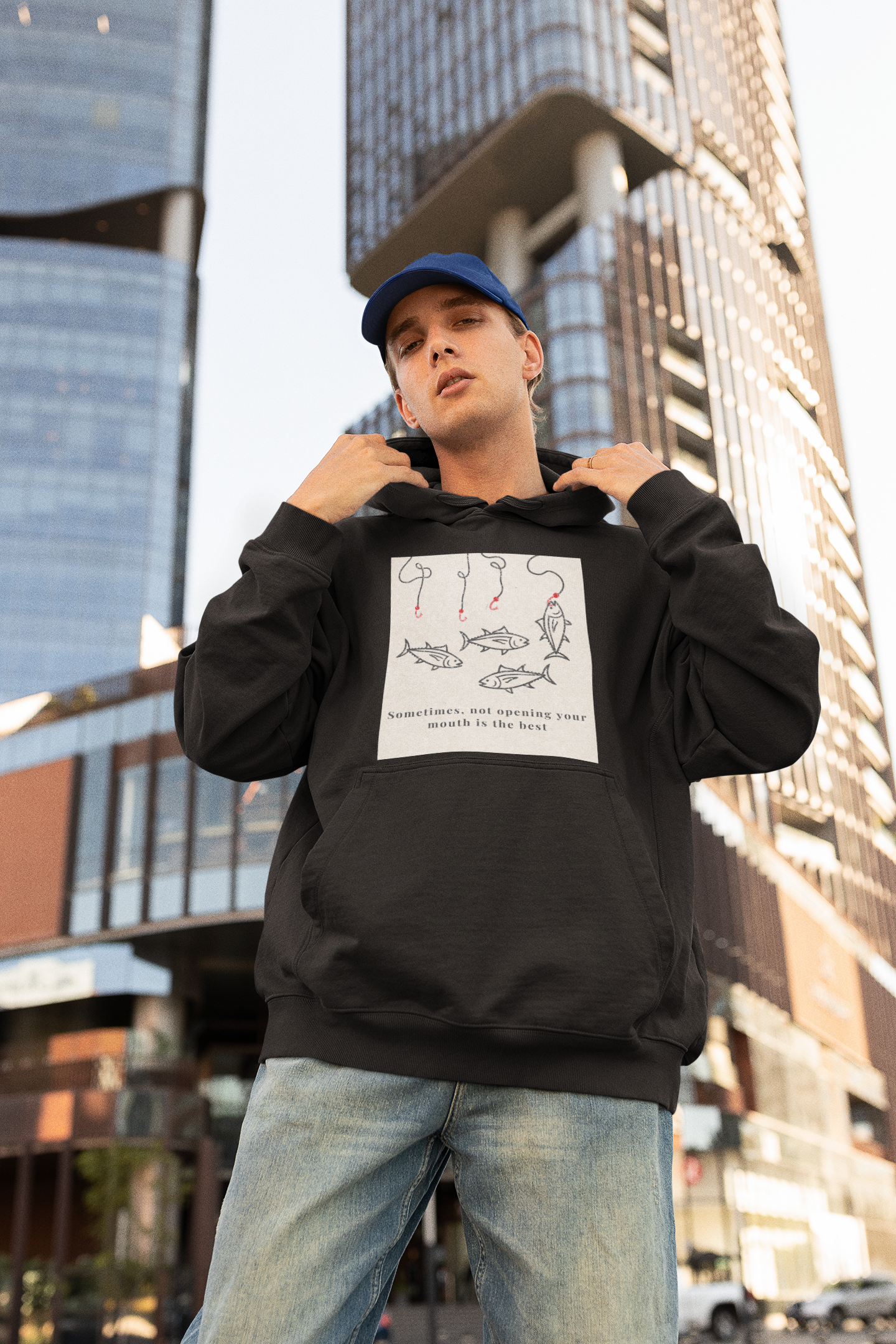 Black Oversized unisex hoodie with aesthetic fish graphic print, Gen Z streetwear style, relaxed fit sweatshirt India