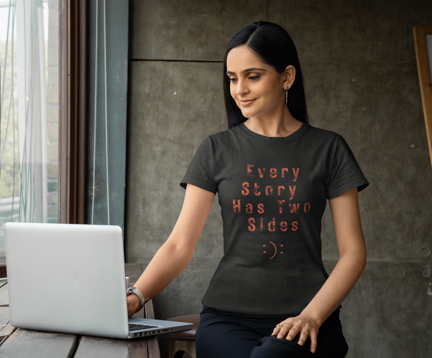 Black Women’s graphic t-shirt with ‘Every Story Has Two Sides’ inspirational quote design