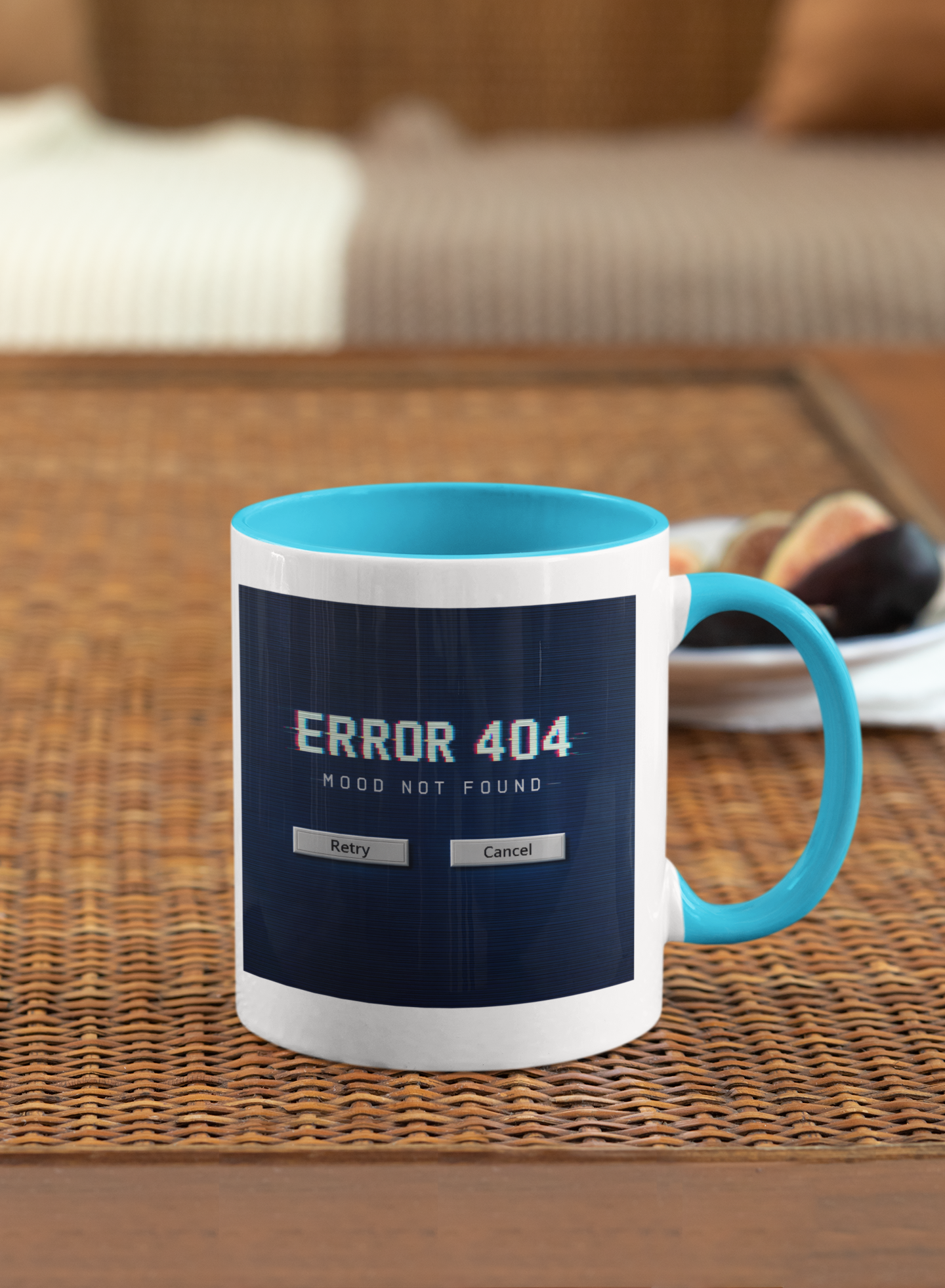 Retro Error 404 Mood Not Found mug with vintage computer aesthetic on dark blue background, 11 oz ceramic coffee mug