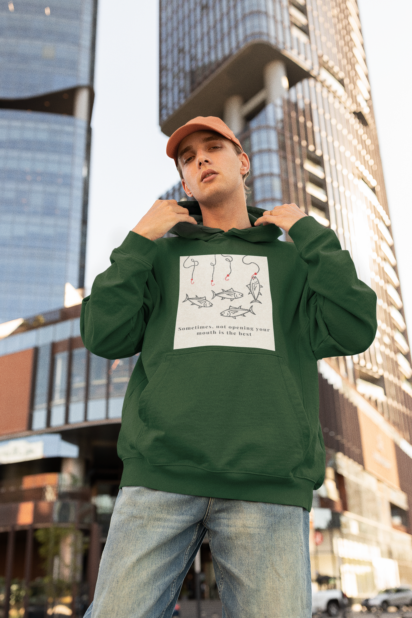 Bottle Green Oversized unisex hoodie with aesthetic fish graphic print, Gen Z streetwear style, relaxed fit sweatshirt India