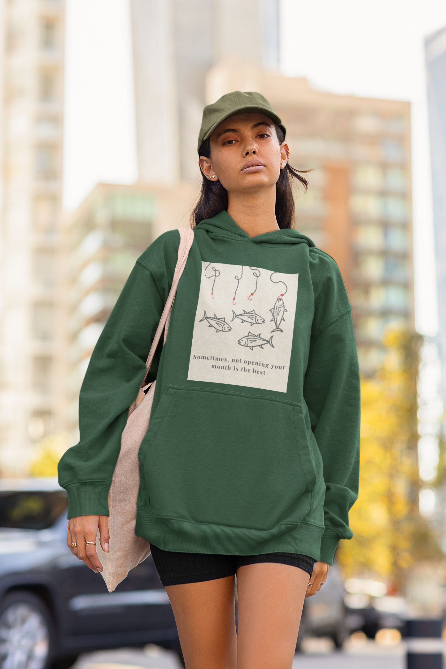 Bottle Green Oversized unisex hoodie with aesthetic fish graphic print, Gen Z streetwear style, relaxed fit sweatshirt India