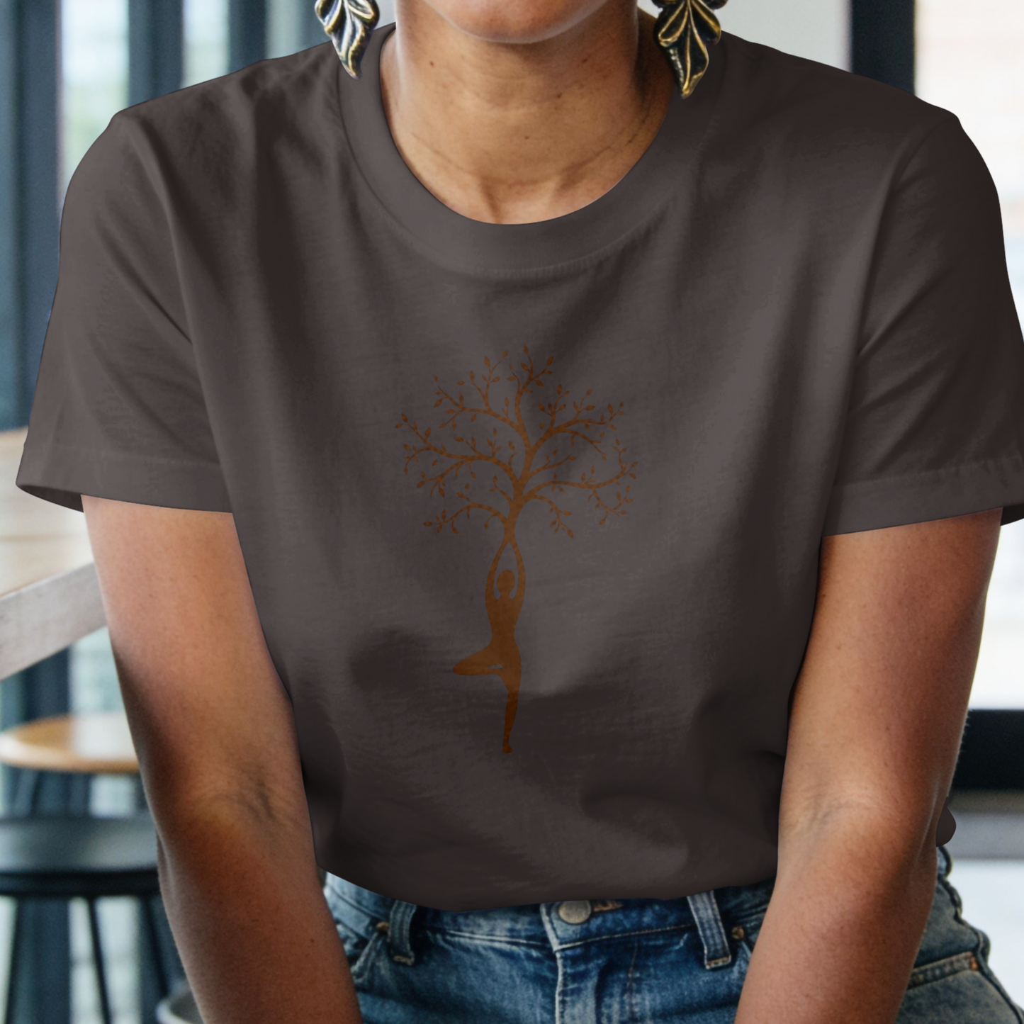 Charcoal Grey Women's Tree of Life Yoga Graphic T-Shirt in premium cotton with Vrikshasana yoga pose print and round neck design