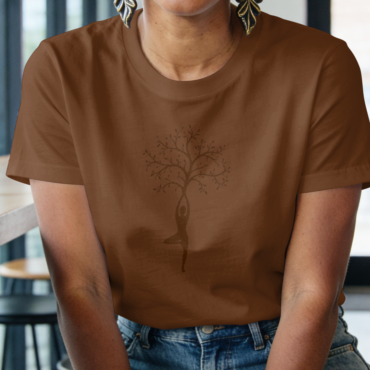 Coffee Brown Women's Tree of Life Yoga Graphic T-Shirt in premium cotton with Vrikshasana yoga pose print and round neck design