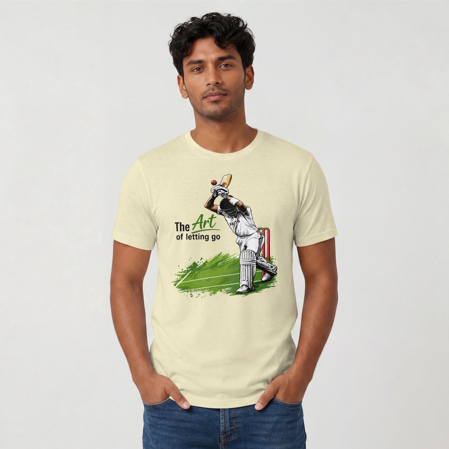 Almond Man wearing The Art of Letting Go cricket graphic t-shirt by Nauma