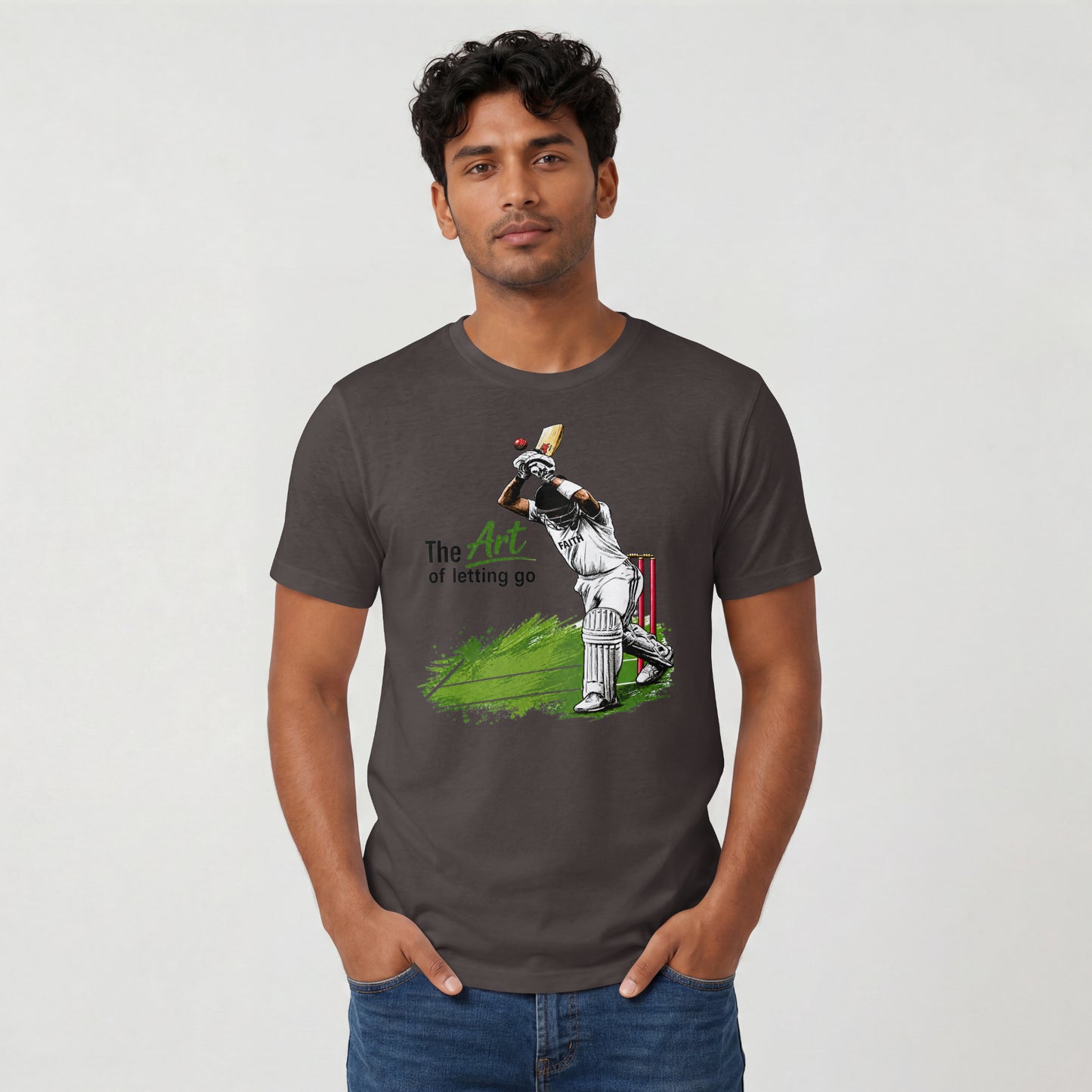 Charcoal Grey Man wearing The Art of Letting Go cricket graphic t-shirt by Nauma