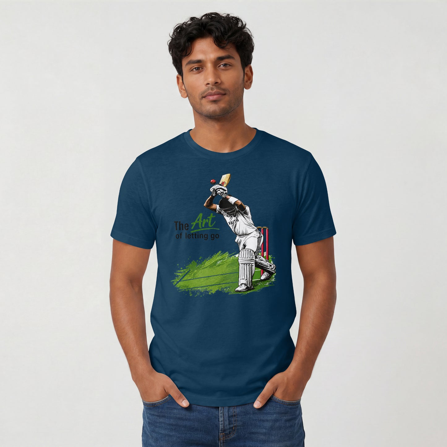 Navy Blue Man wearing The Art of Letting Go cricket graphic t-shirt by Nauma