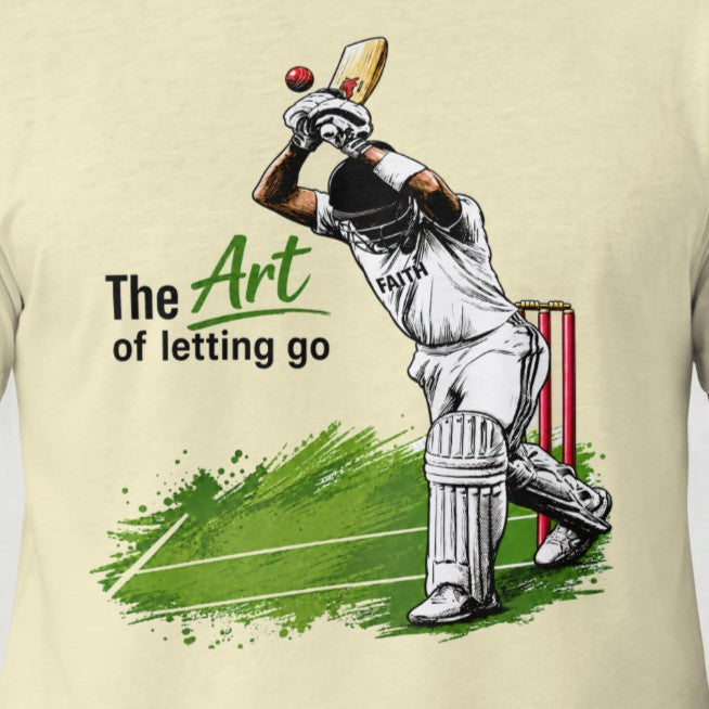 Almond Close-up of The Art of Letting Go cricket graphic printed on Nauma men's t-shirt