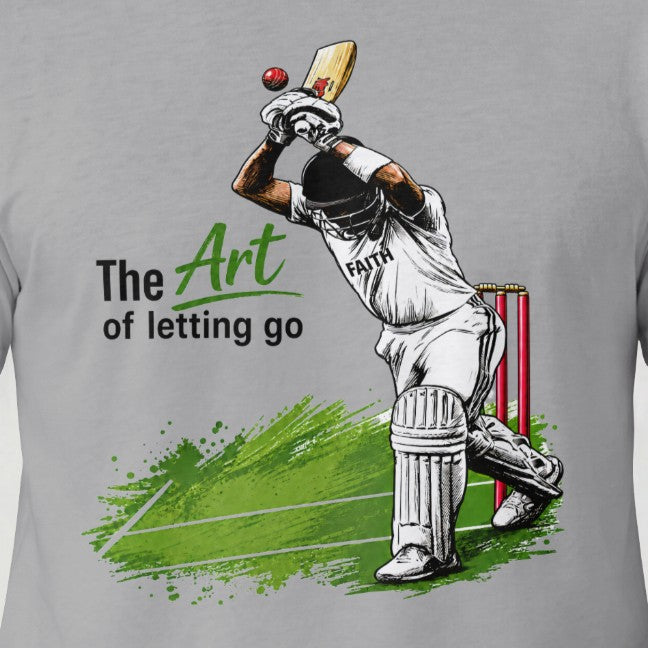 Melange Grey Close-up of The Art of Letting Go cricket graphic printed on Nauma men's t-shirt