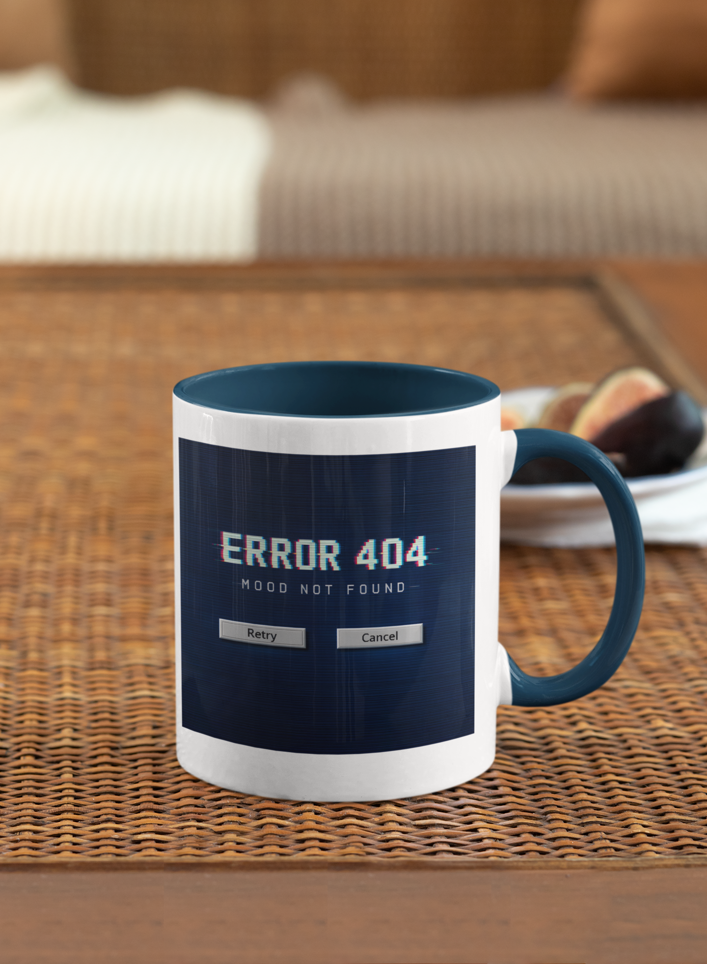 Retro Error 404 Mood Not Found mug with vintage computer aesthetic on dark blue background, 11 oz ceramic coffee mug