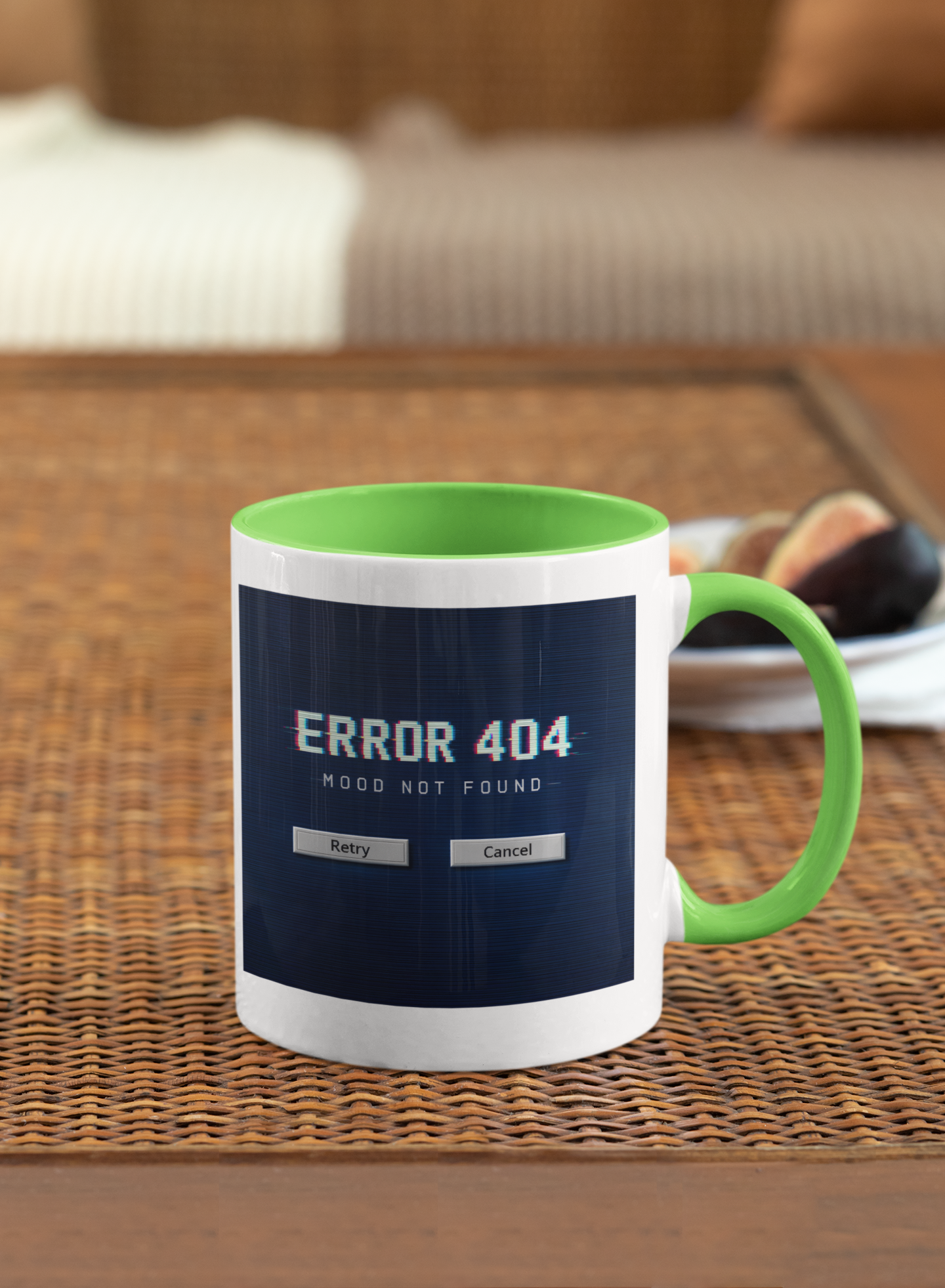 Retro Error 404 Mood Not Found mug with vintage computer aesthetic on dark blue background, 11 oz ceramic coffee mug