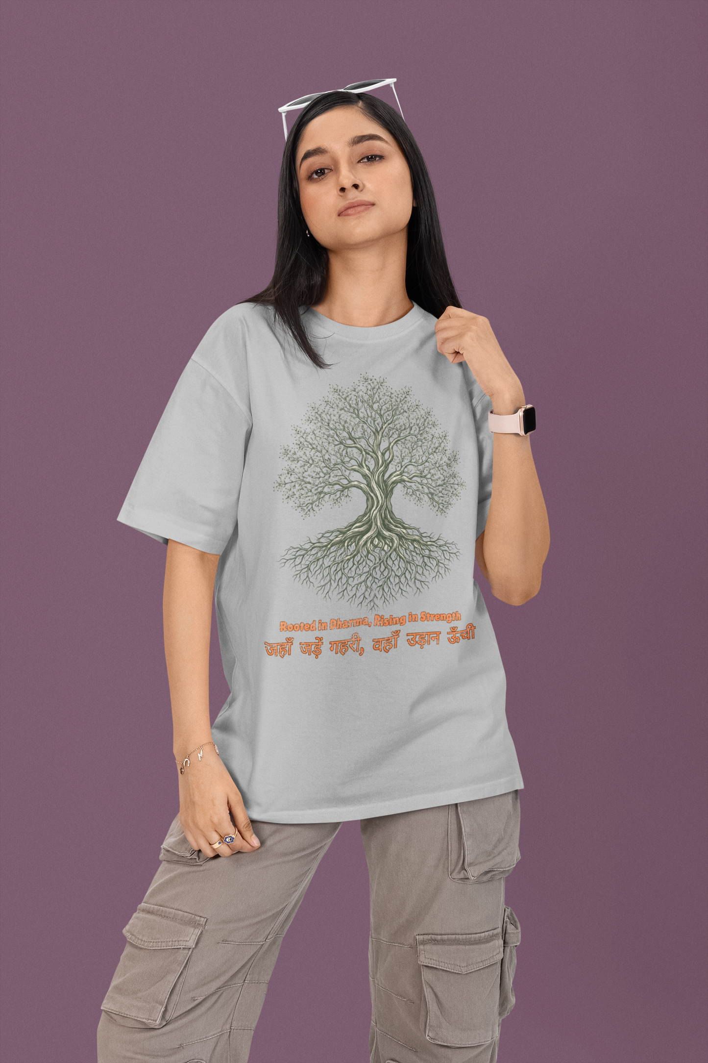 Melange Grey Women’s oversized Tree of Life graphic t-shirt with gnarled tree print, 100% cotton streetwear tee