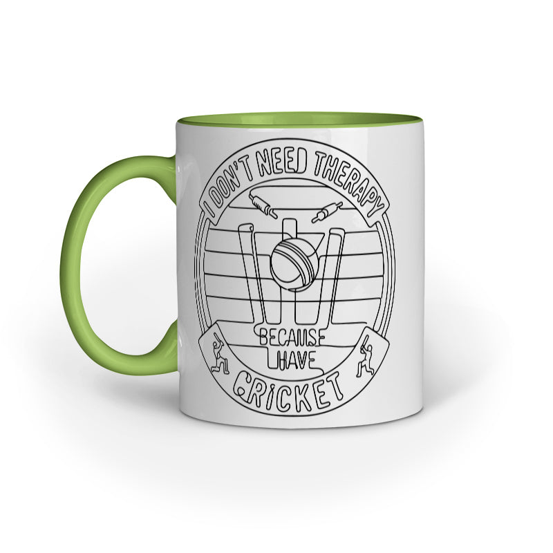Green ceramic cricket fan mug with funny therapy quote and cricket design by Swiftbuya2z