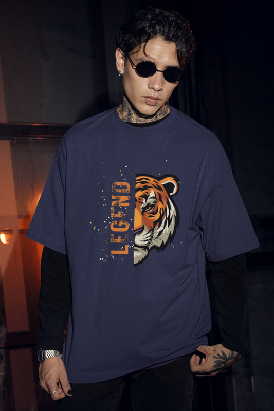 Navy blue oversized unisex cotton t-shirt with fierce tiger graphic print and LEGEND text on the front.