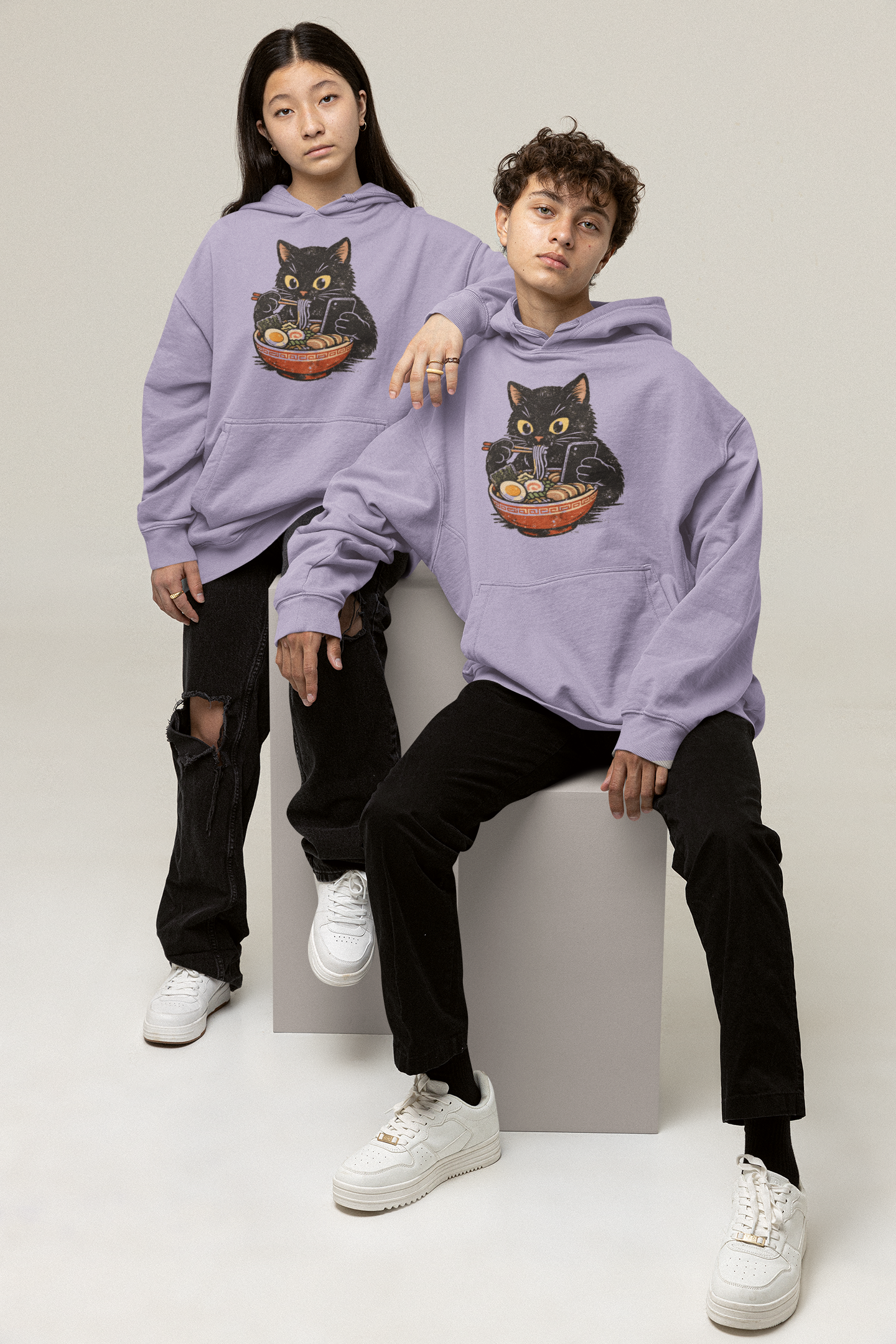 Cat Ramen Hoodie in Lavender – oversized unisex hoodie with black cat eating ramen graphic print