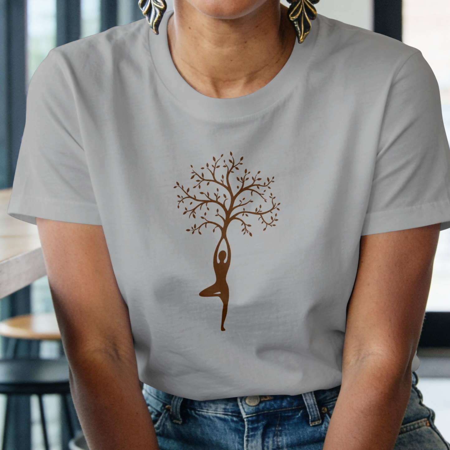 Melange Grey Women's Tree of Life Yoga Graphic T-Shirt in premium cotton with Vrikshasana yoga pose print and round neck design