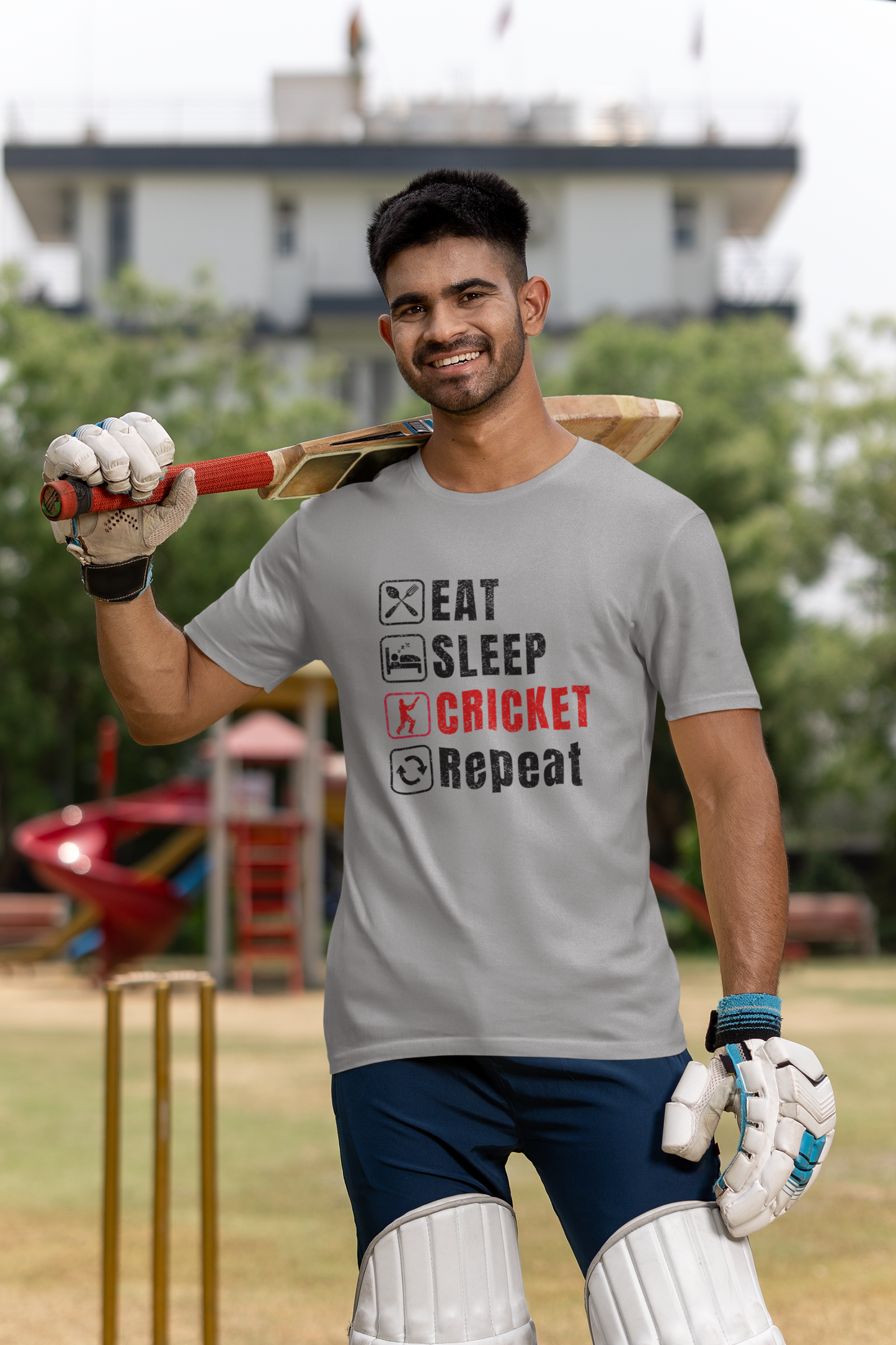 Melange Grey Graphic tee featuring Eat Sleep Cricket Repeat slogan, ideal for Indian cricket enthusiasts