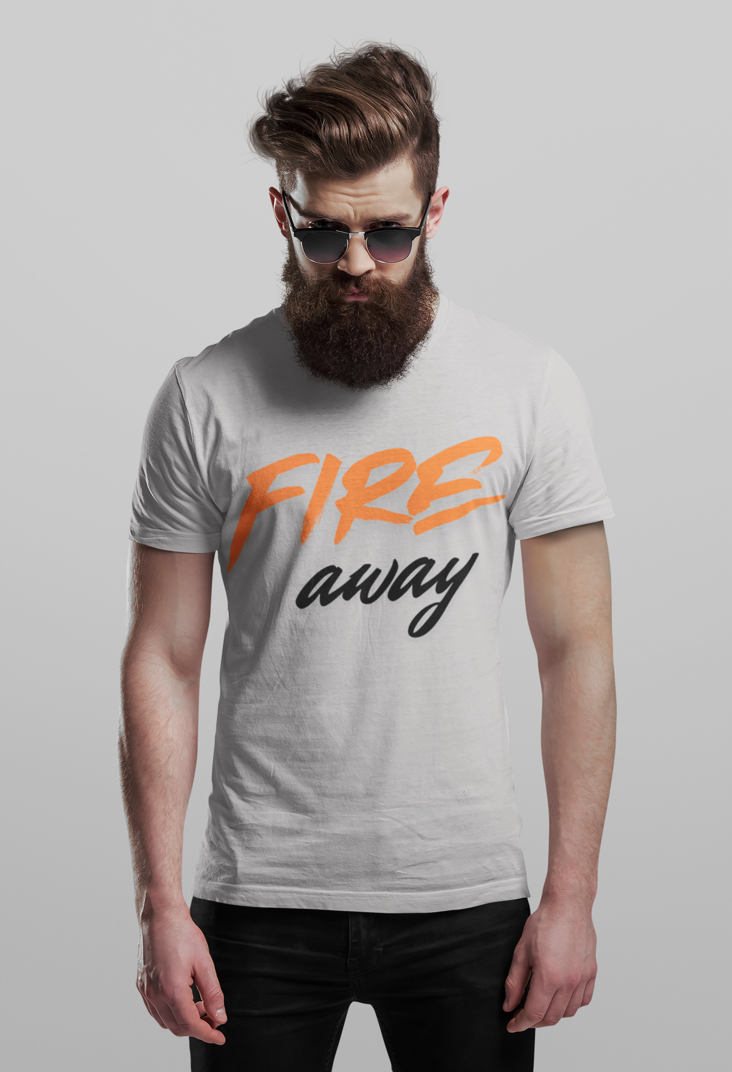 Melange Grey Nauma Fire Away typography t-shirt for men, orange and black graphic tee