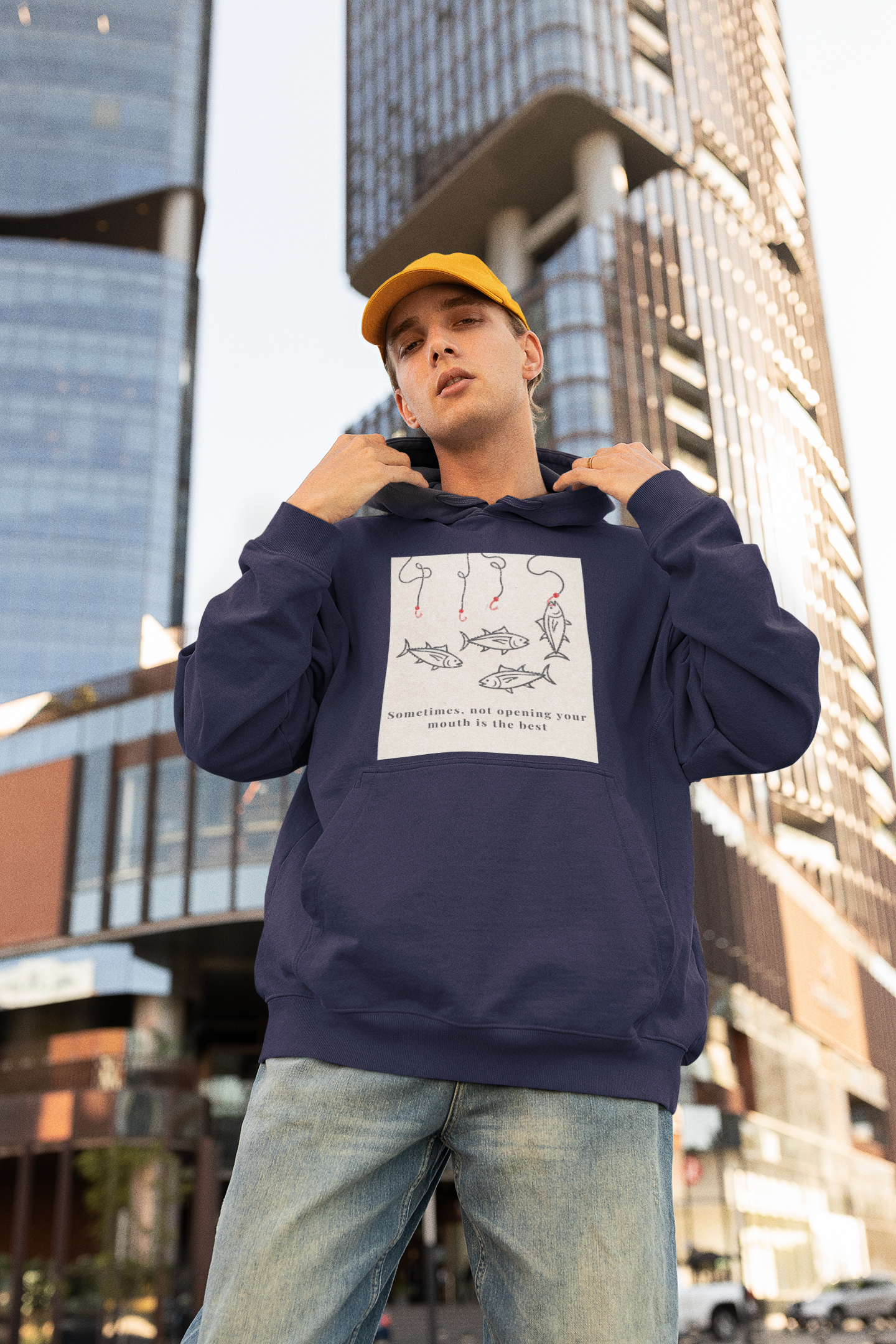 Navy Blue Oversized unisex hoodie with aesthetic fish graphic print, Gen Z streetwear style, relaxed fit sweatshirt India