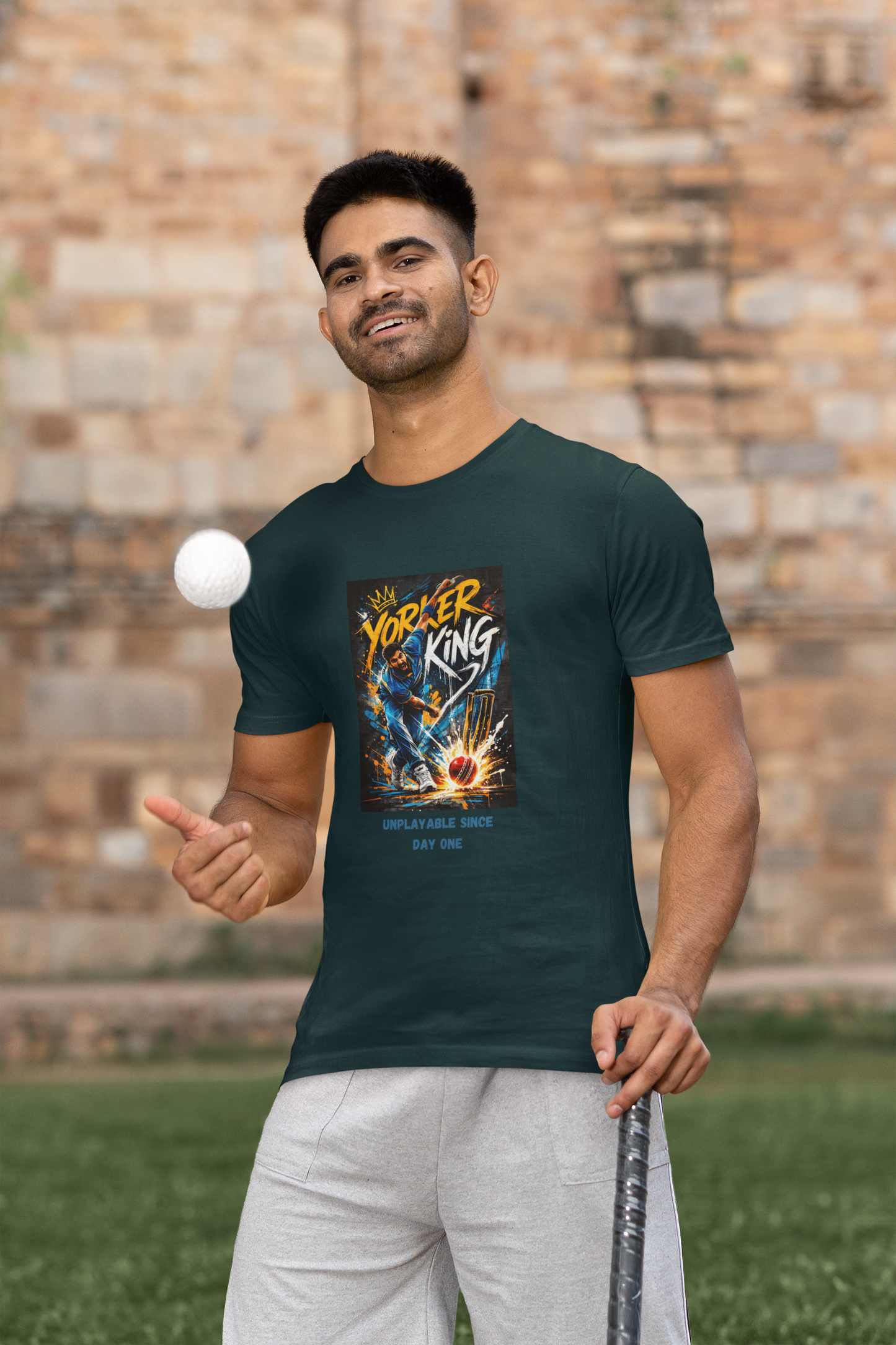 Petrol Blue Yorker King cricket bowler graphic t-shirt unplayable since day one design