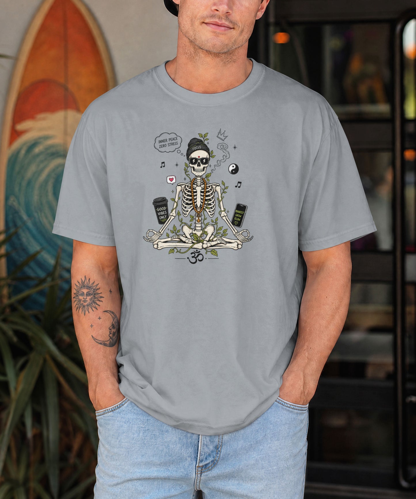 Zen Skeleton Oversized T-Shirt in Silver Frost | Manifest Grow Glow Design | Premium Oversized Tee