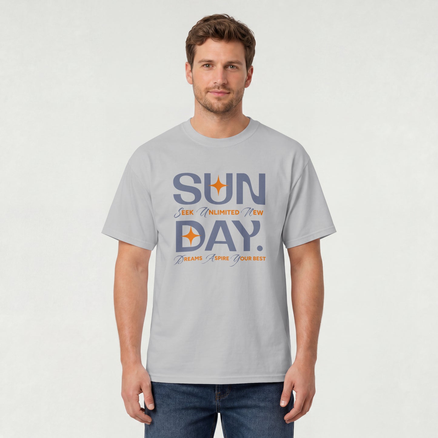 Melange Grey unisex oversized t-shirt featuring 'Sunday Seek Unlimited New Day' graphic print, front view.