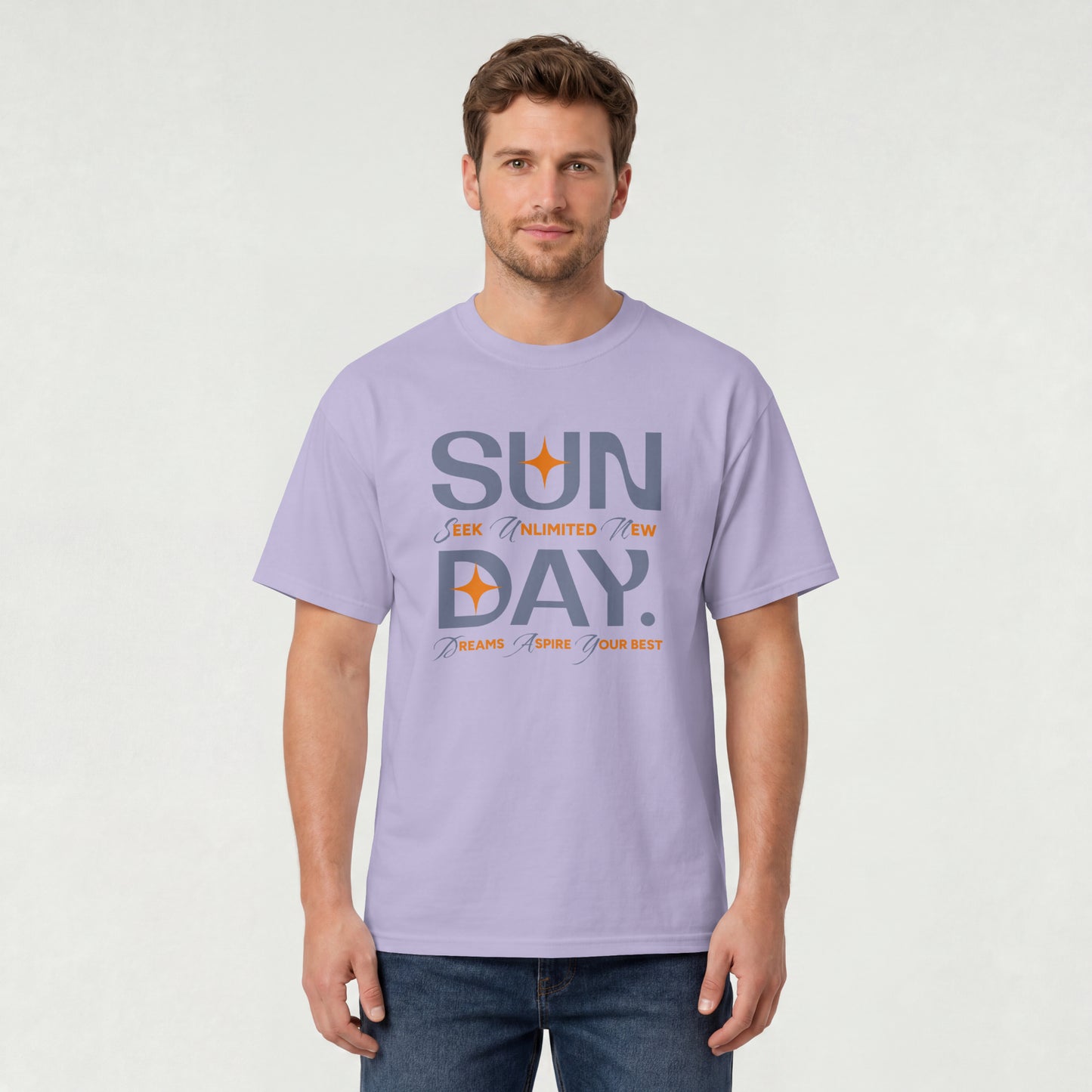 Lavender unisex oversized t-shirt featuring 'Sunday Seek Unlimited New Day' graphic print, front view.