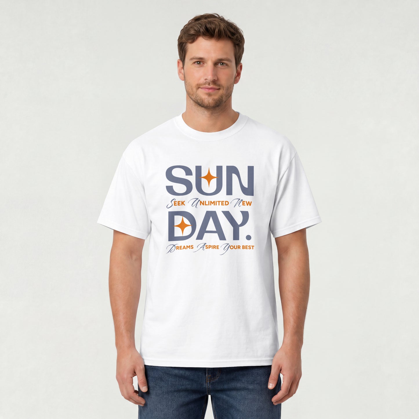 White unisex oversized t-shirt featuring 'Sunday Seek Unlimited New Day' graphic print, front view.