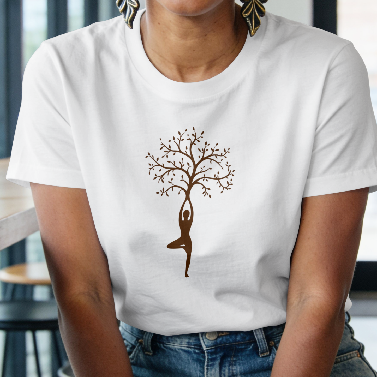 White Women's Tree of Life Yoga Graphic T-Shirt in premium cotton with Vrikshasana yoga pose print and round neck design