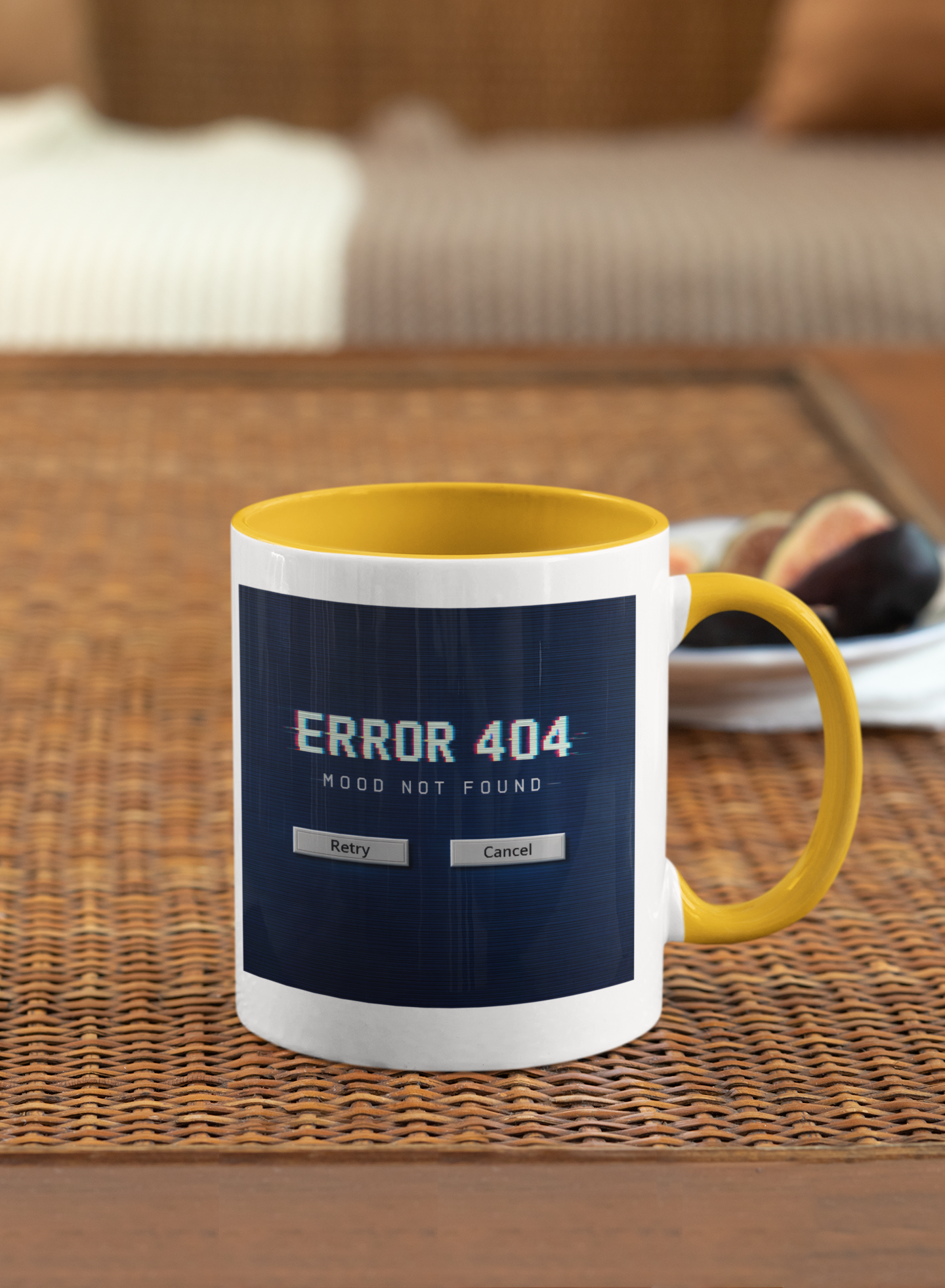 Retro Error 404 Mood Not Found mug with vintage computer aesthetic on dark blue background, 11 oz ceramic coffee mug