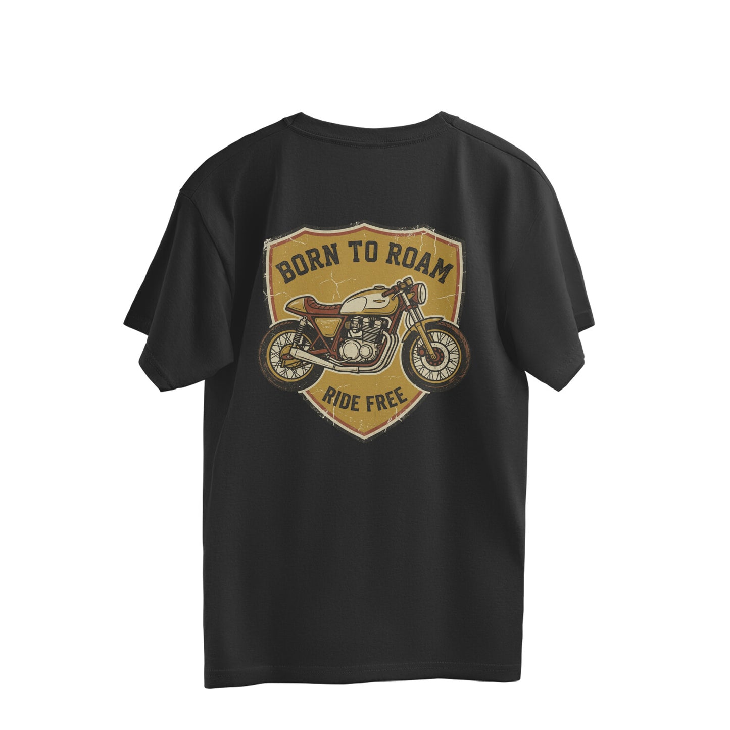 Back view of a black Nauma oversized t-shirt with a mustard yellow Born To Roam cafe racer motorcycle badge printed across the back