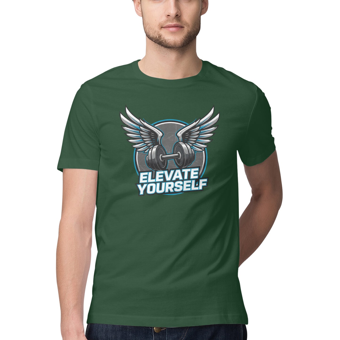 Person wearing a Olive Green t-shirt with a motivational graphic and text.