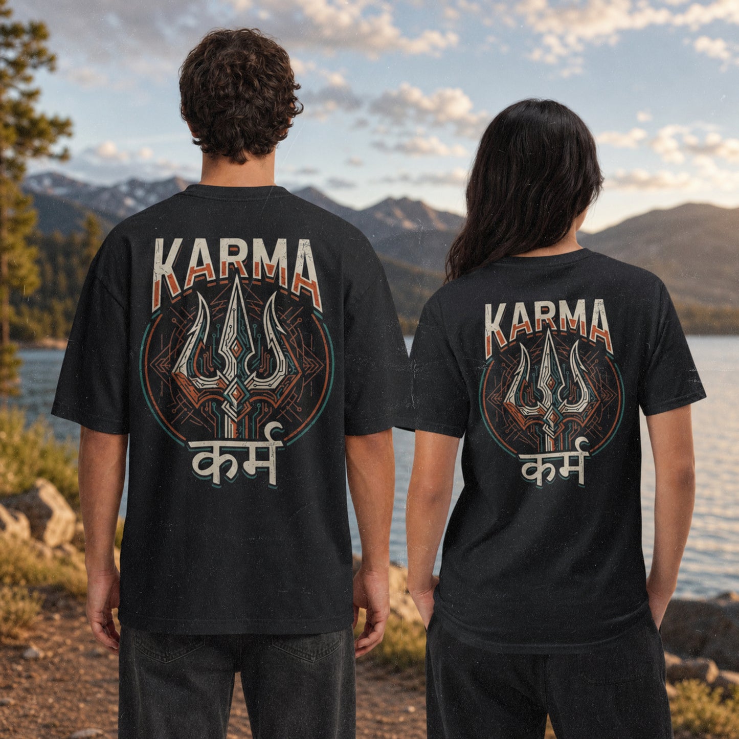 Man and woman wearing Karma oversized t-shirt in Black, back view