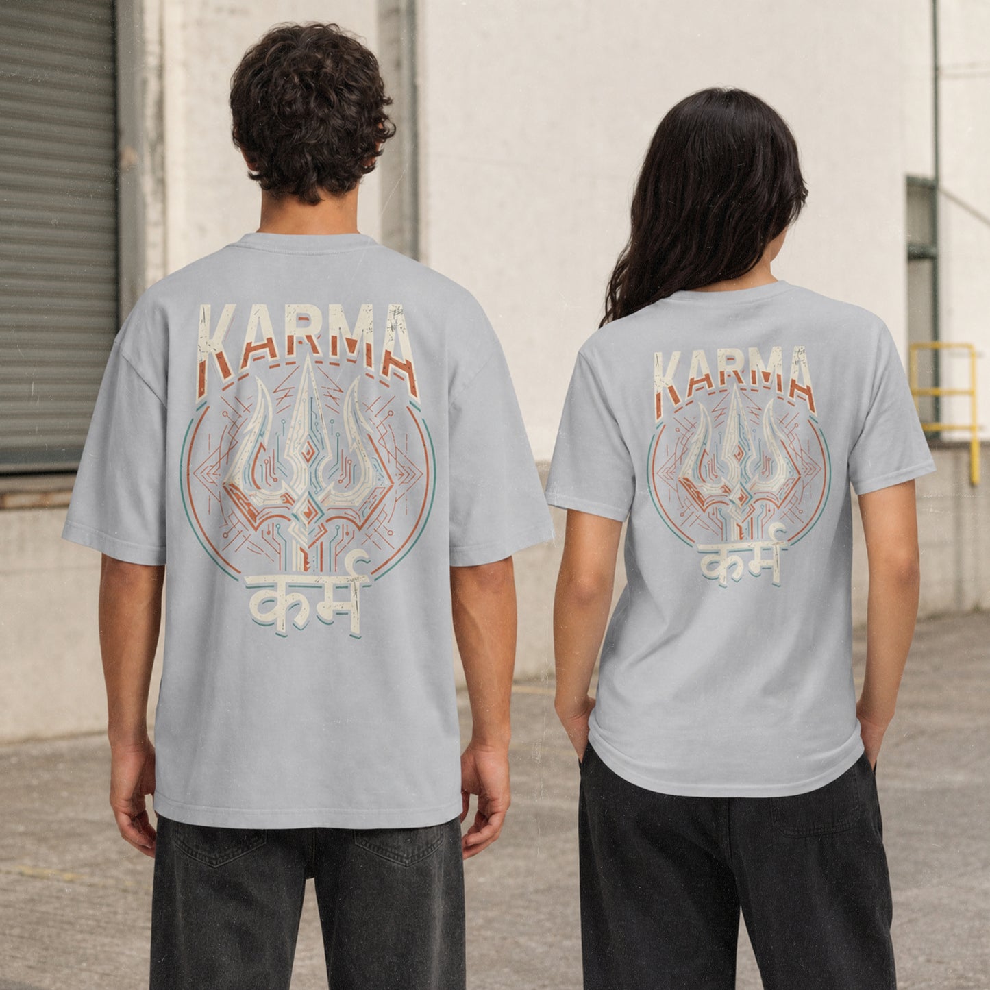 Man and woman wearing Karma oversized t-shirt in Melange Grey, back view