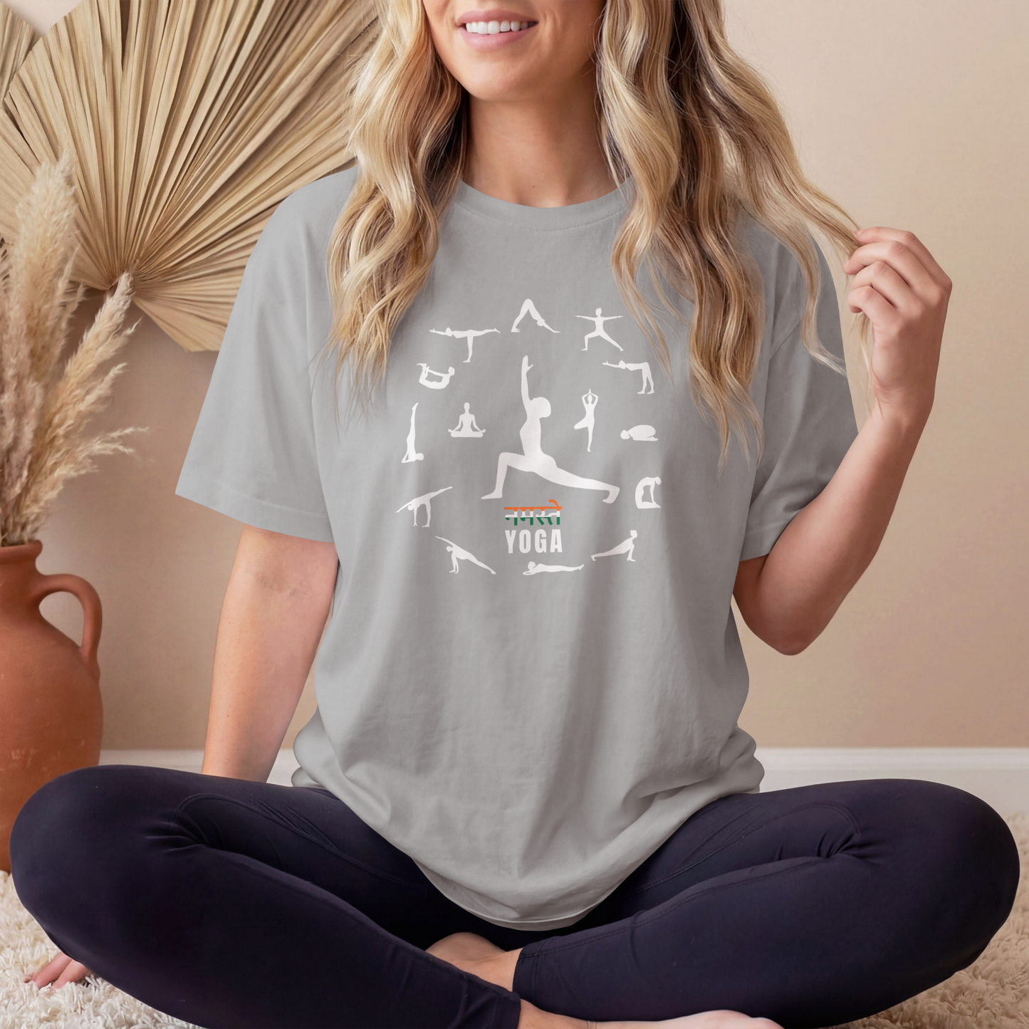 Melange Grey Women's Namaste Yoga Poses T-Shirt featuring yoga asanas graphic design on premium cotton tee