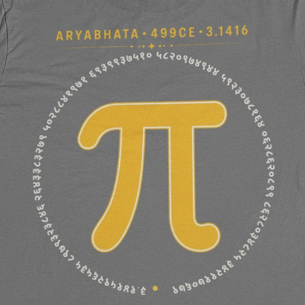 Charcoal Grey Aryabhata Pi graphic unisex t-shirt, back print close-up of the mustard pi symbol ringed by pi digits in Devanagari numerals