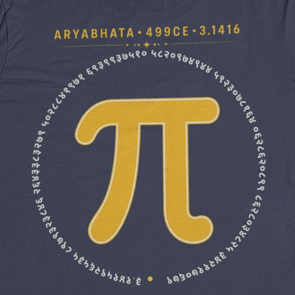 Navy Blue Aryabhata Pi graphic unisex t-shirt, back print close-up of the mustard pi symbol ringed by pi digits in Devanagari numerals