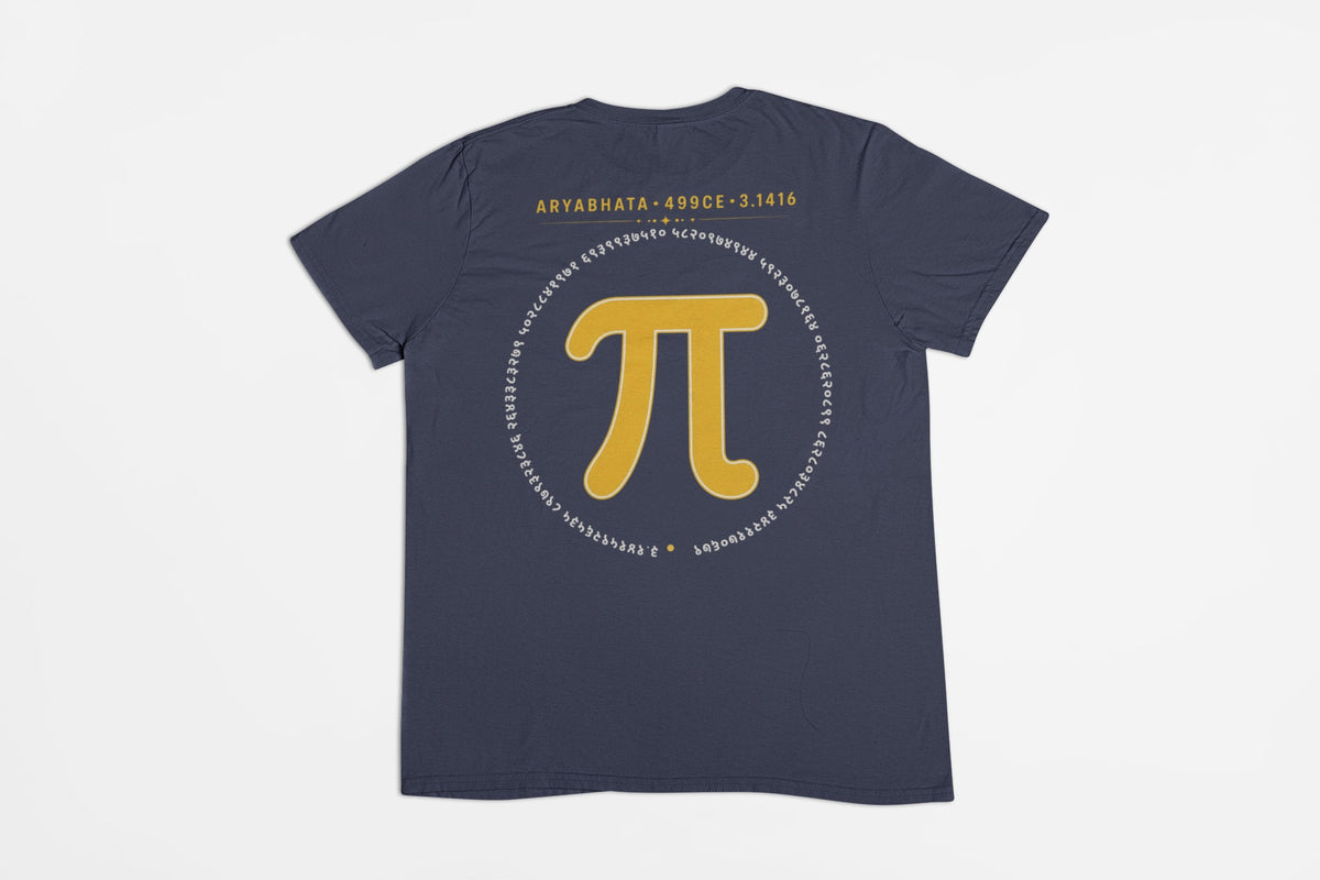 Navy Blue Aryabhata Pi graphic unisex t-shirt, flat lay back view with mustard pi symbol and ARYABHATA 499CE 3.1416 print