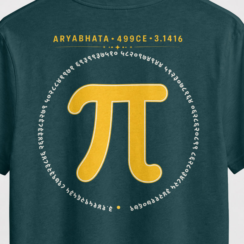 Petrol Blue Aryabhata Pi oversized t-shirt, back print close-up of the mustard pi symbol ringed by pi digits in Devanagari numerals