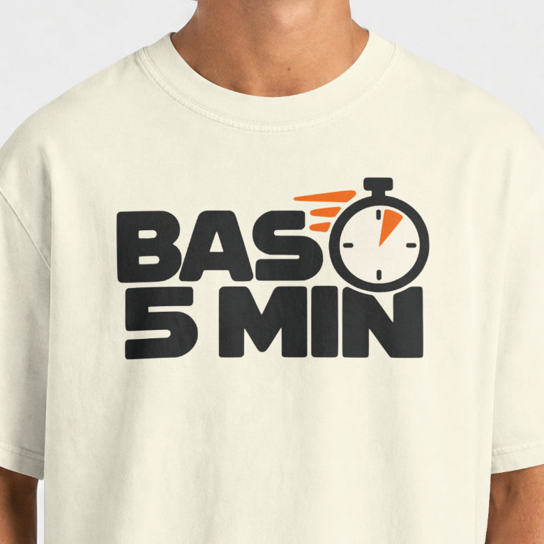 Off White Bas 5 Min print close-up showing the black lettering, round stopwatch and orange speed lines