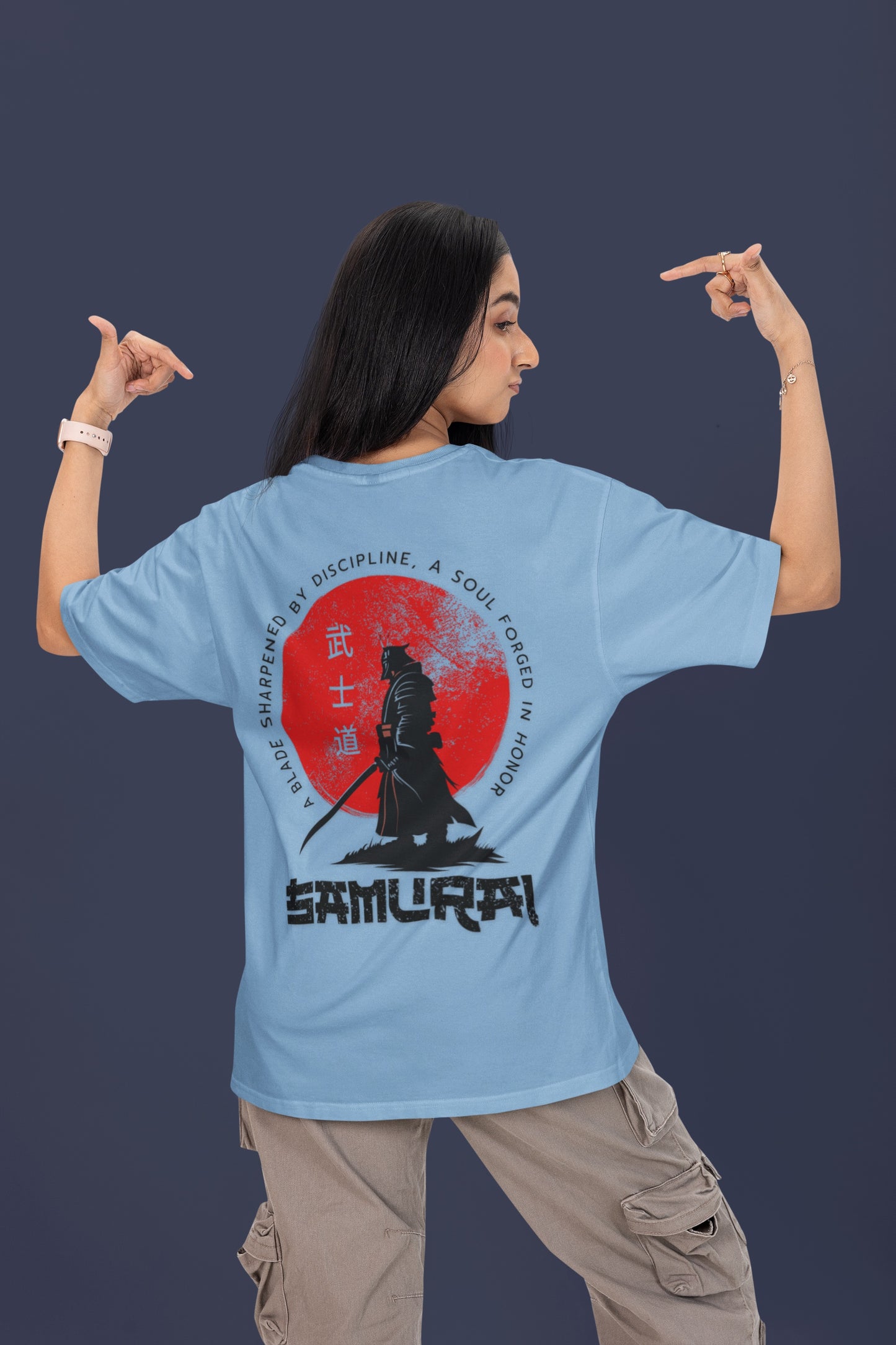 Woman wearing Nauma Bushido Discipline baby blue oversized T-shirt with samurai back print