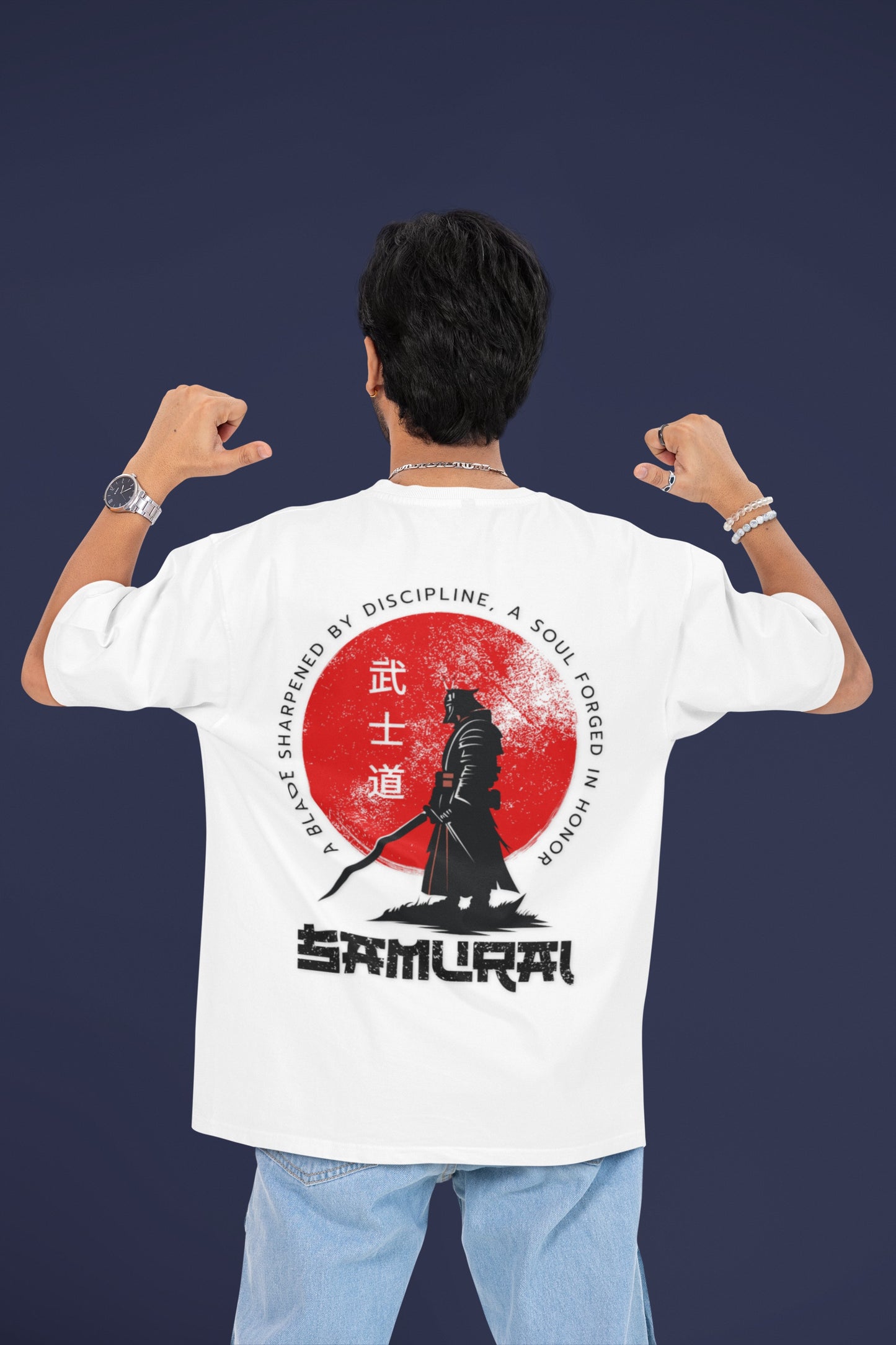 Man wearing Nauma Bushido Discipline white oversized T-shirt with samurai back print