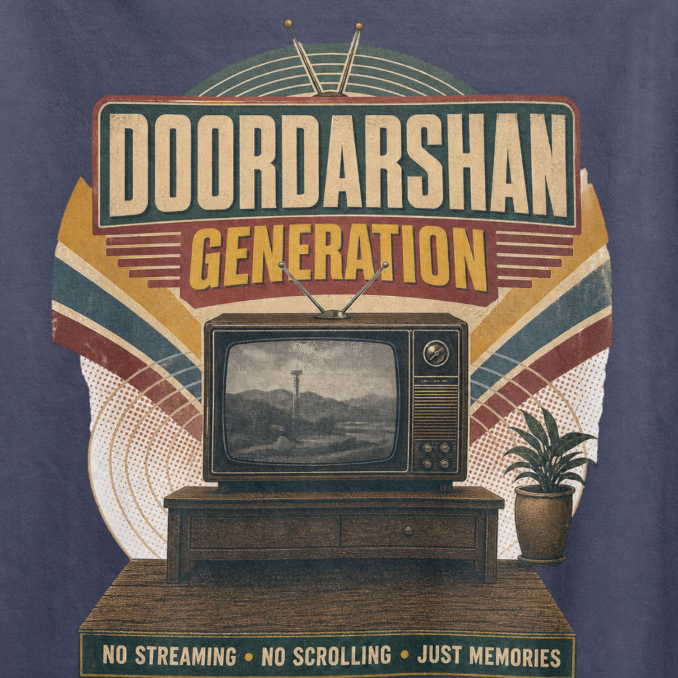 Navy Blue Doordarshan Generation oversized t-shirt, close-up of the retro TV print with No Streaming No Scrolling Just Memories text