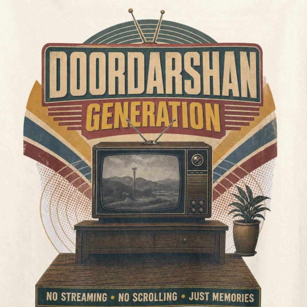 Off white Doordarshan Generation oversized t-shirt, close-up of the retro TV print with No Streaming No Scrolling Just Memories text