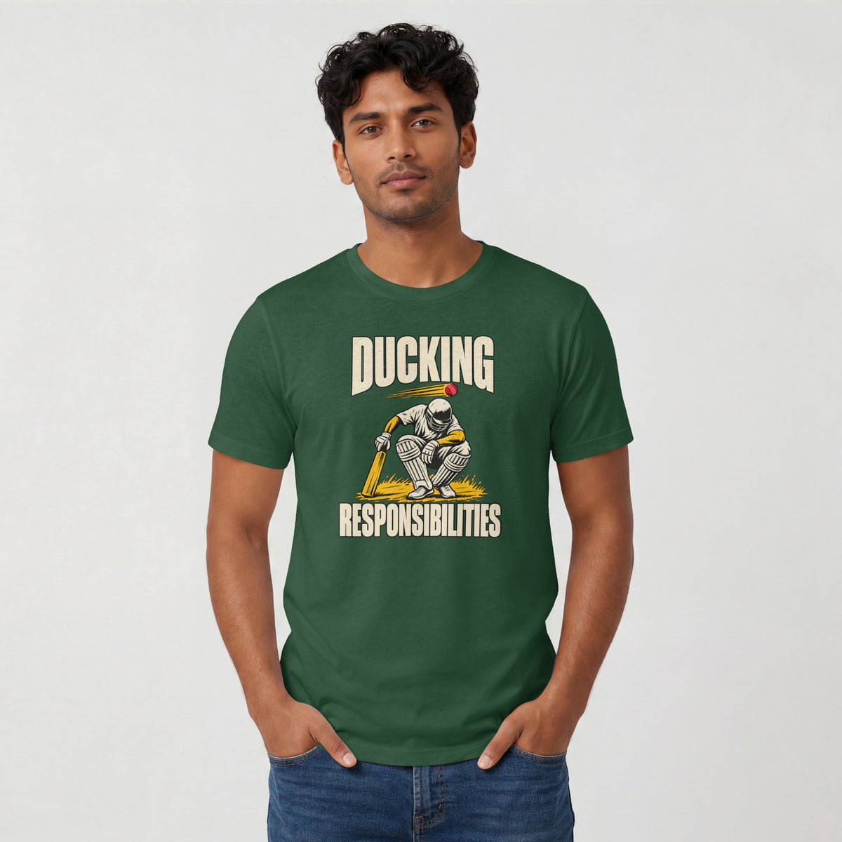 Bottle Green Ducking Responsibilities unisex cricket graphic t-shirt, lifestyle view