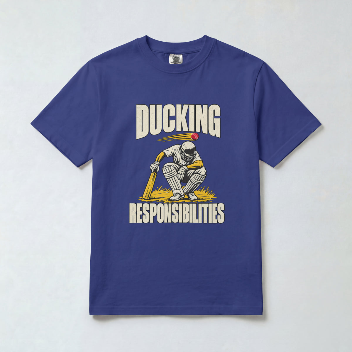 Royal Blue Ducking Responsibilities cricket t-shirt, front view with crouching batsman graphic