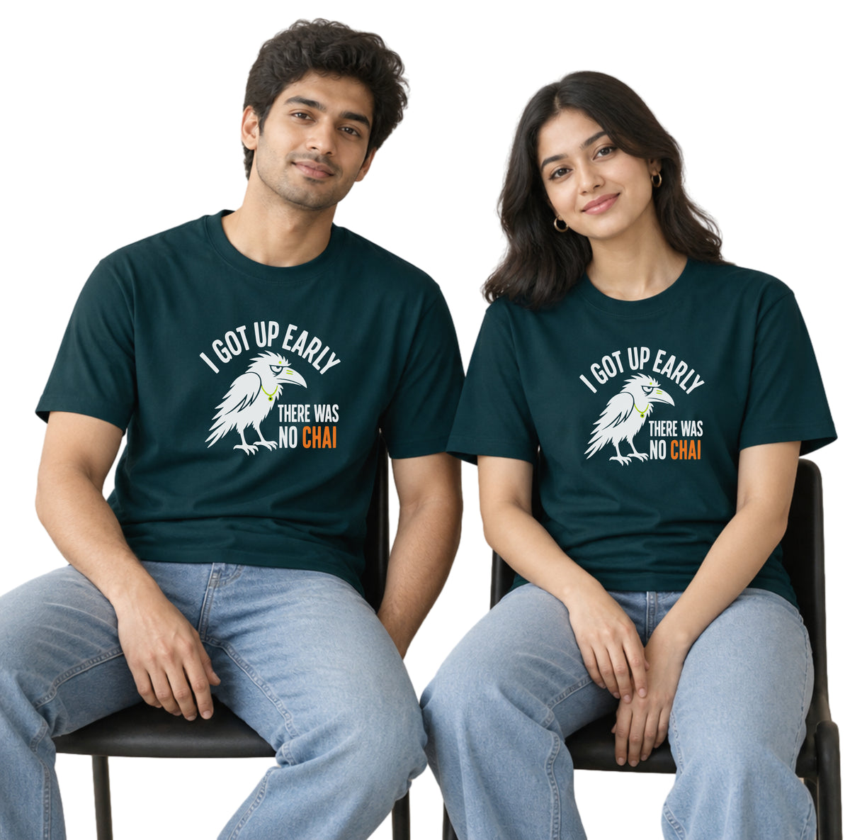 Petrol Blue Early Bird No Chai funny chai t-shirt worn by a man and a woman