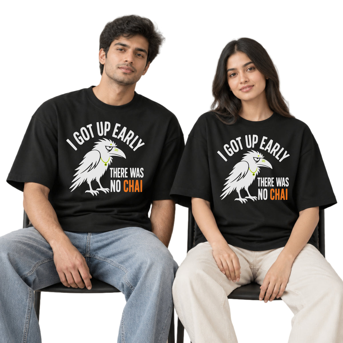 Black Early Bird No Chai funny chai oversized t-shirt worn by a man and a woman