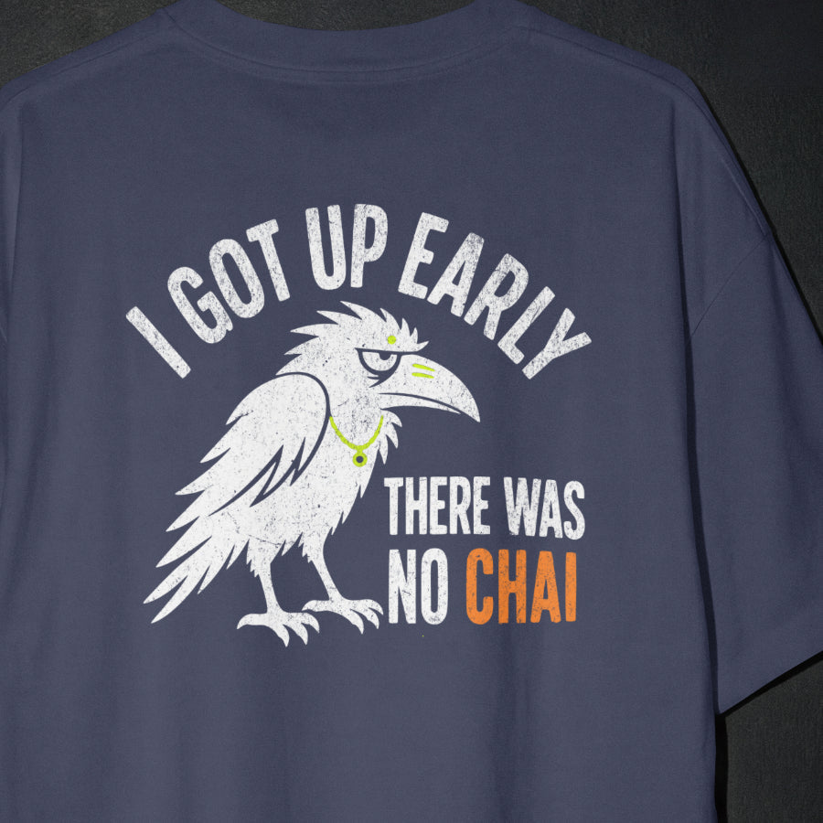 Navy Blue Early Bird No Chai funny chai oversized t-shirt print close-up