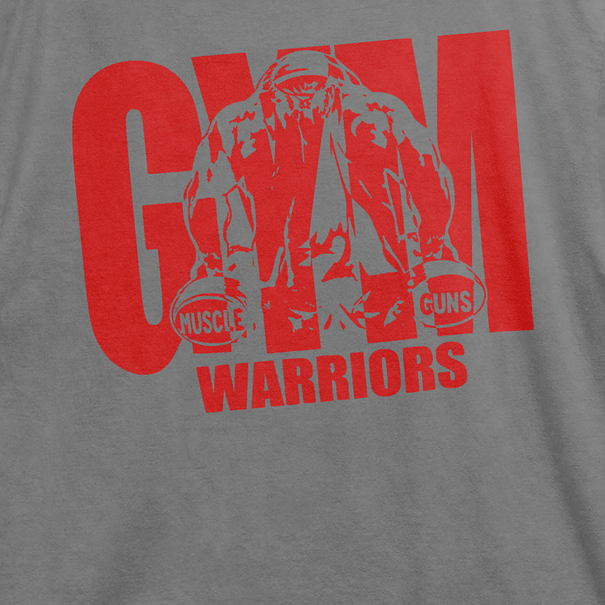 Close-up of red Gym Warriors muscle graphic printed on charcoal grey cotton T-shirt